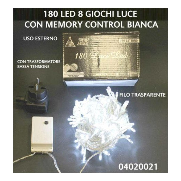 Luci albero di natale catena luminosa per esterno 180 Led /10,5 metri / 8 funzioni / luci bianche/ filo trasparente