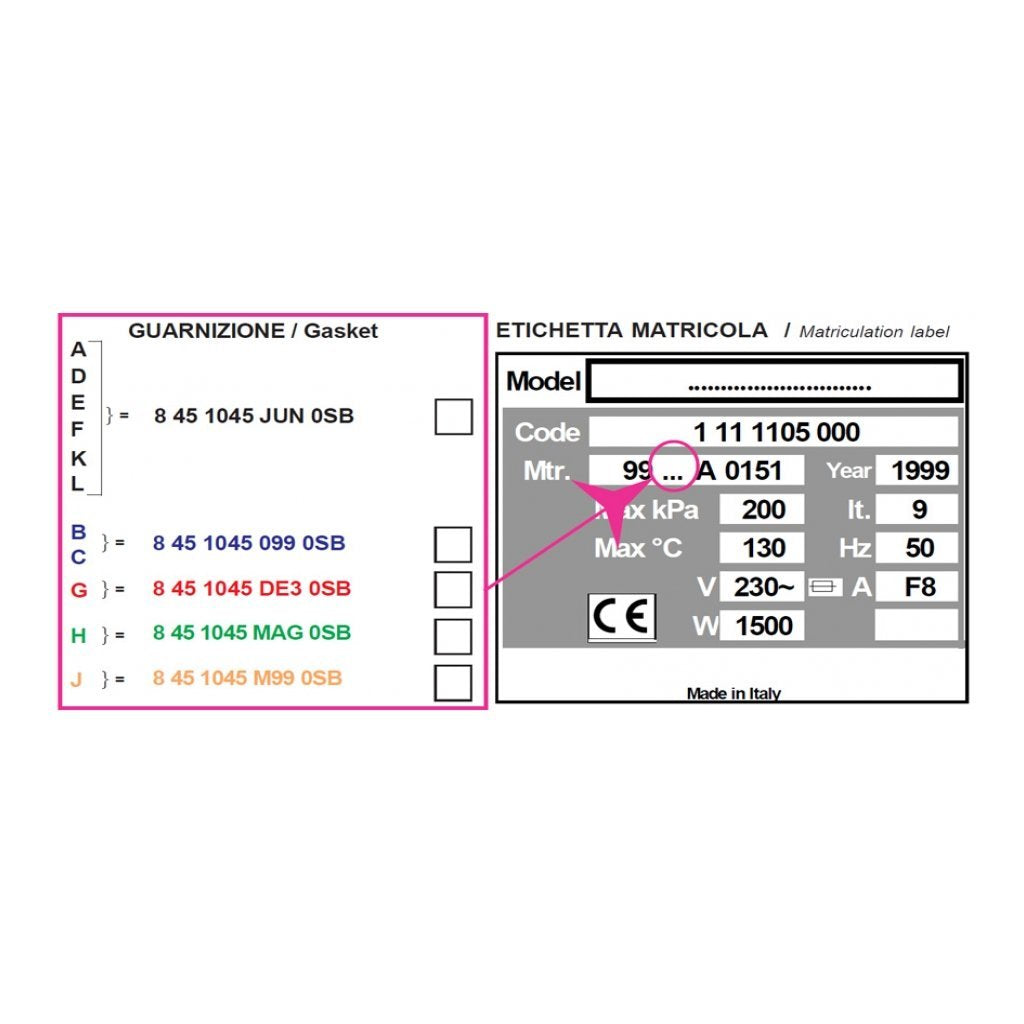 Guarnizione per Autoclave H100, Numero di Serie A,D,E,F,K,L - 1 Pz.