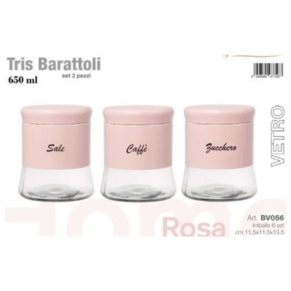 3 Barattoli Rosa in Vetro - Sale/Caffè/Zucchero - 11,5x11,5x13,5 cm