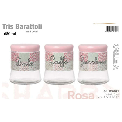 3 Barattoli Shabby Rosa in Vetro - Sale/Caffè/Zucchero - 11,5x11,5x13,5 cm