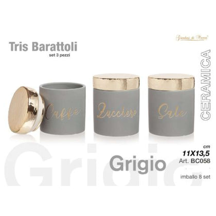 3 Barattoli Grigio/Oro In Ceramica - Sale/Caffè/Zucchero - 11x13,5 cm