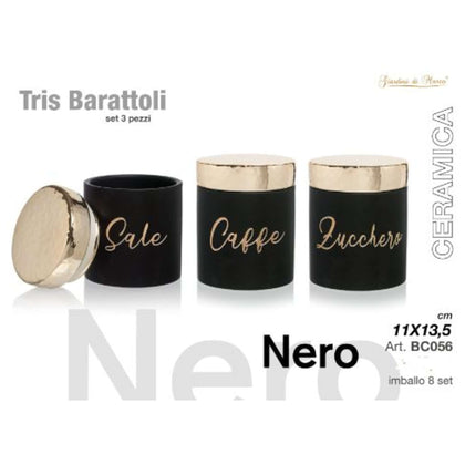 3 Barattoli Nero/Oro In Ceramica - Sale/Caffè/Zucchero - 11x13,5 cm