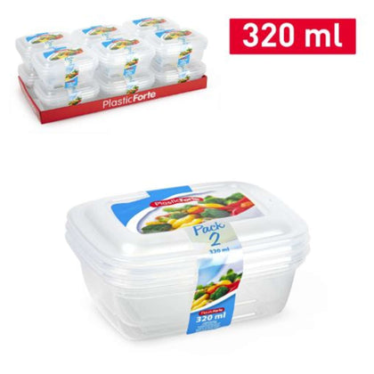 2 Contenitori Rettangolari in Plastica per Alimenti - Trasparente - 320 ml