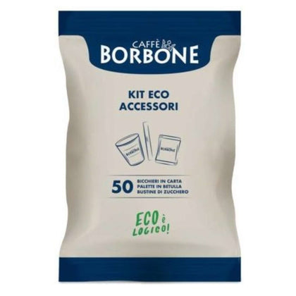 Kit Accessori Ecologico 50Pz Bicchierini Di Carta + Palette + Bustine Zucchero