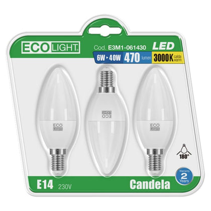 Ecolight Lampada A Led Candela E14 Blister 3 Pz. Luce Calda 6 W - 10 Cf