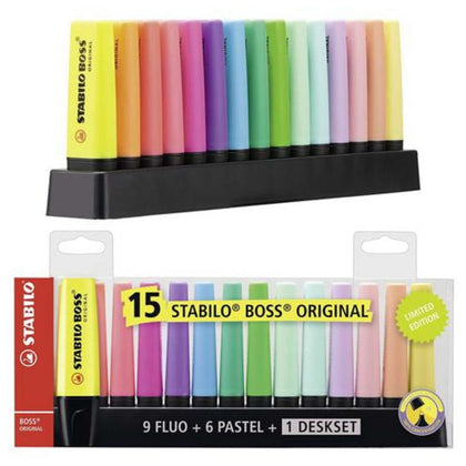 Evidenziatore -  BOSS ORIGINAL Desk-Set - 15 Colori assortiti 9 Neon + 6 Pastel