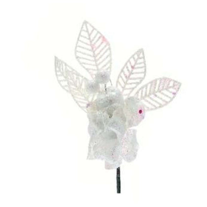 Pick Rosa Con Foglie Clip Bianco - Decorazione Albero Natale - X1