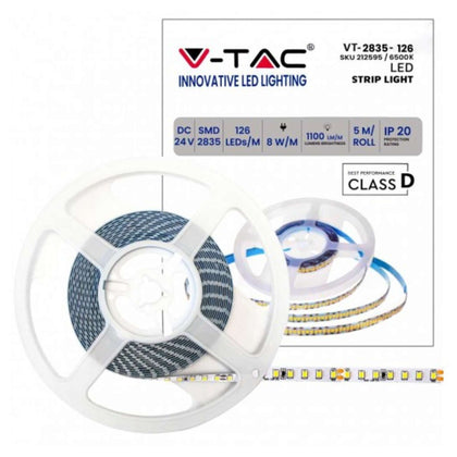 Striscia Led Vt-2835 137Lm/M 24V Strip 5Mt 8W/Mt Bianco Freddo 6500K Ip20 (212595)