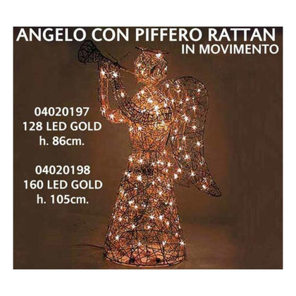 Decorazione Angelo natalizio con piffero 160 luci altezza 105 cm - colore oro