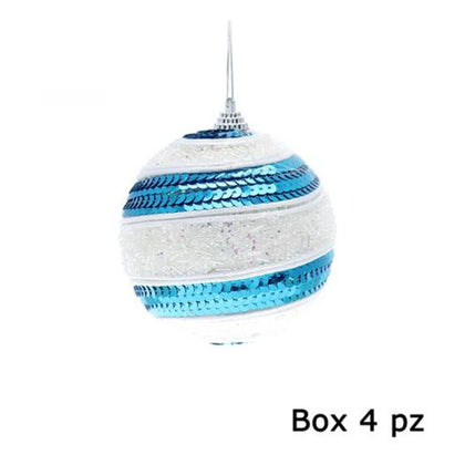 4 sfere decorate Ø10 cm - colore bianco/blue - decorazione natalizia addobbo