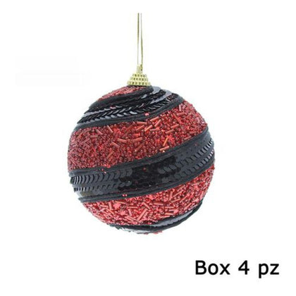 4 sfere decorate Ø10 cm - colore nero/rosso - decorazione natalizia addobbo