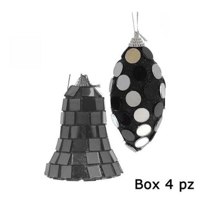 4 pendenti assortiti per albero natale 12 cm - colore nero/argento - addobbo decorazione natalizia