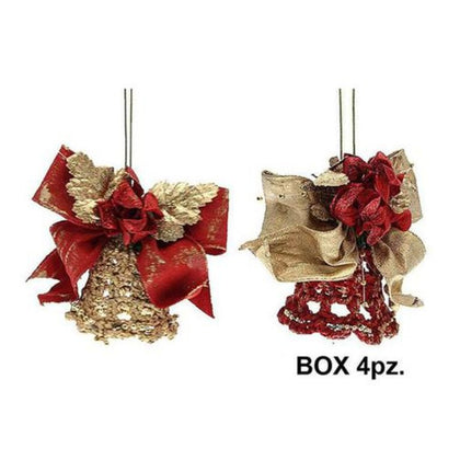 4 Campane decorate per albero natale - rosso/oro - addobbo decorazione natalizia