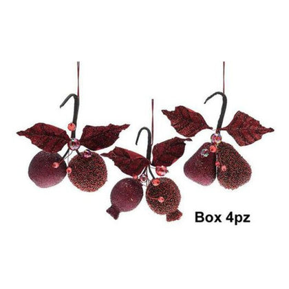 4 decorazioni frutta natalizia 13 cm - colore rosso - addobbo natale