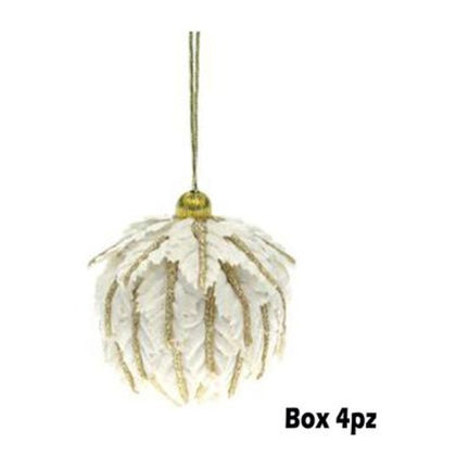 4 sfere a foglia decorate per albero natale 6 cm - colore crema - addobbo decorazione natalizia