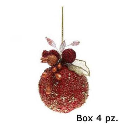 4 sfere decorate per albero natale Ø8 cm - colore rosso/arancio - decorazione addobbo natalizio