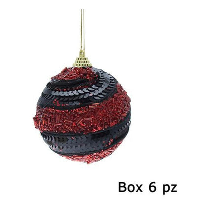 6 sfere spiralate per albero natale Ø8 cm - colore nero/rosso - decorazione addobbo natalizio