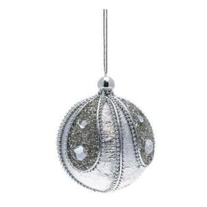 Sfera decorata con nastro per albero di natale - colore bianco/argento - decorazione addobbo natalizio