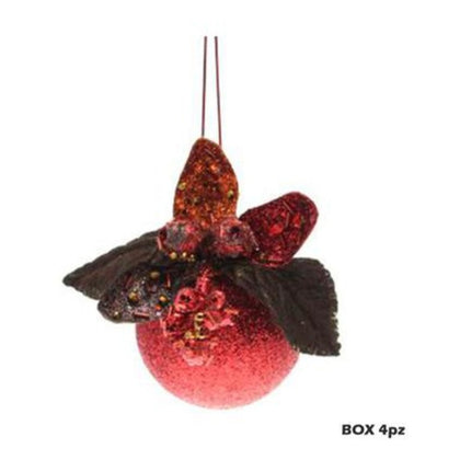 4 sfere con foglie per albero di natale Ø75 mm - colore rosso - addobbi natalizi decorazioni