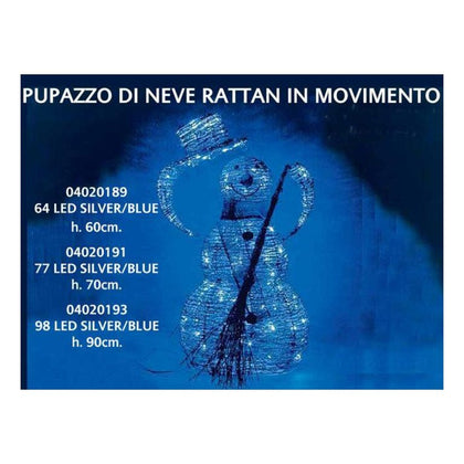 Pupazzo di neve luminoso in rattan con 64 luci a led - altezza 60 cm - colore argento/blu