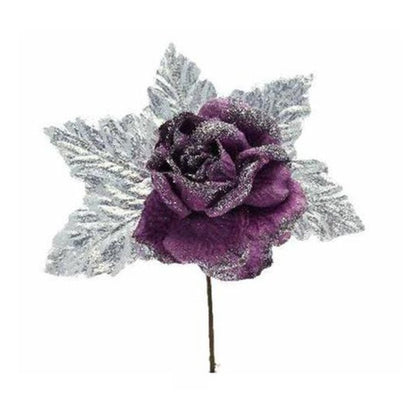 Rosa natalizia con foglie e gambo corto - colore viola - addobbo natale