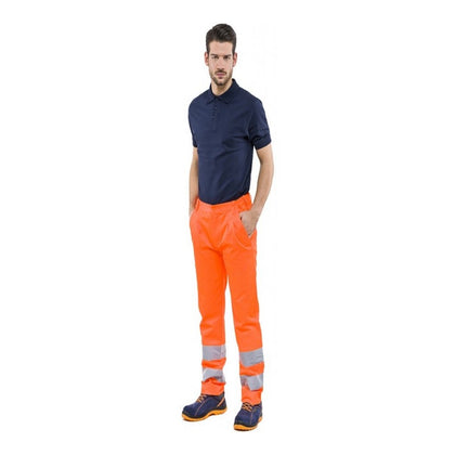 Pantalone in Cotone e Poliestere con Rifrangenti e Tasche - Arancio Fluo